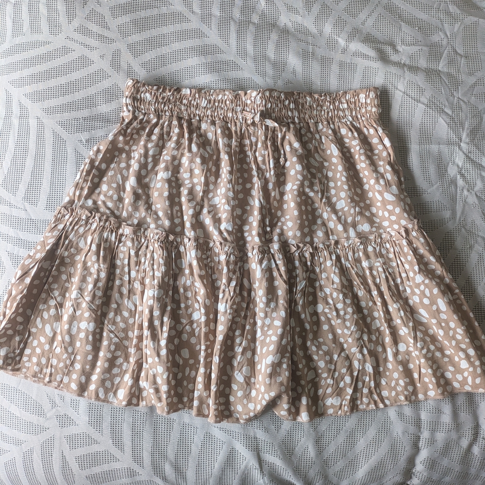 Cream and Tan Smocked Skater Mini Skirt